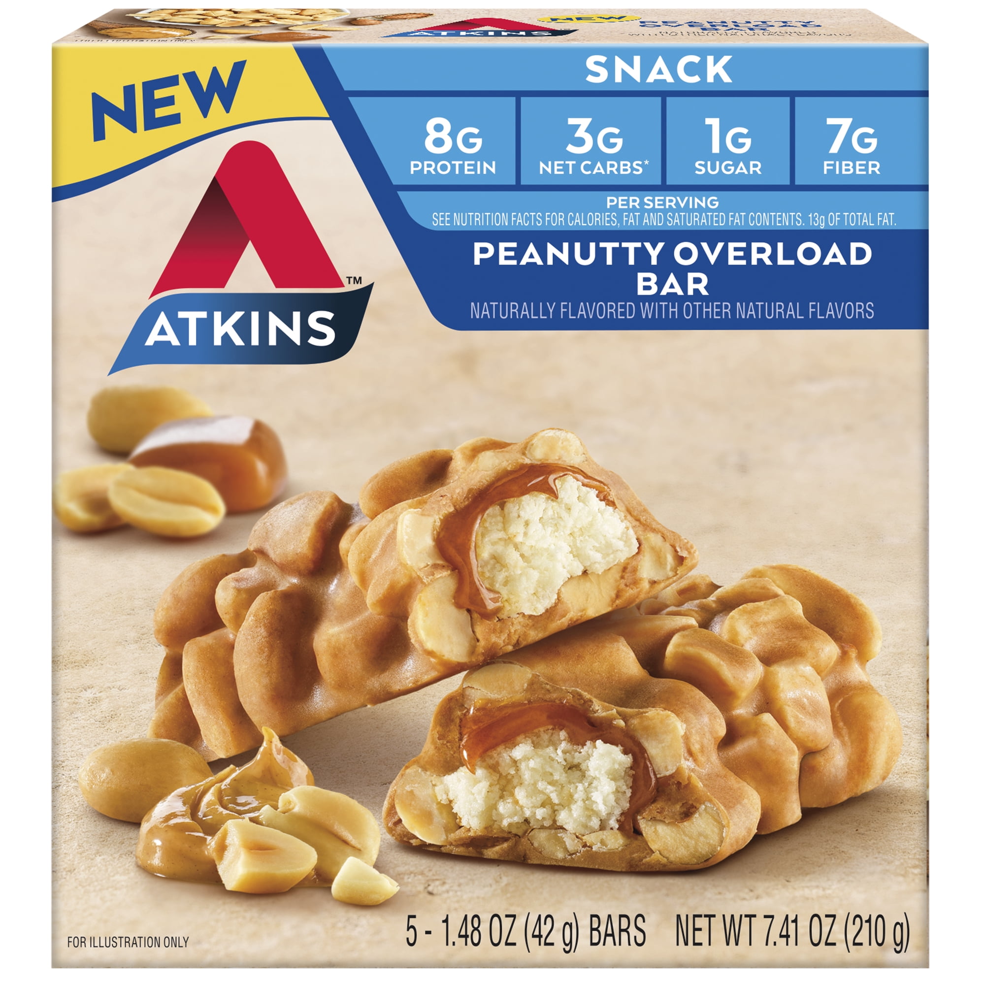 Atkins Snack, Protein Snack Bar, Peanutty Overload, 8g of Protein, 7g of Fiber, 5 Count