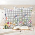thumbnail image 3 of Spring Flowers Pillow Covers 2 Pack Watercolor Colorful Floral Leaf Butterfly Dragonfly Grey Plaid Pillowcase Waterproof Outdoor Throw Pillow Cover for Patio Garden Square Cushion 24”x24”, 3 of 9
