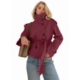 thumbnail image 6 of Women'S Trench Double Breasted Short Jacket High Collar Fall Winter Coats Trendy Outfit with Belt Wine Red S, 6 of 9
