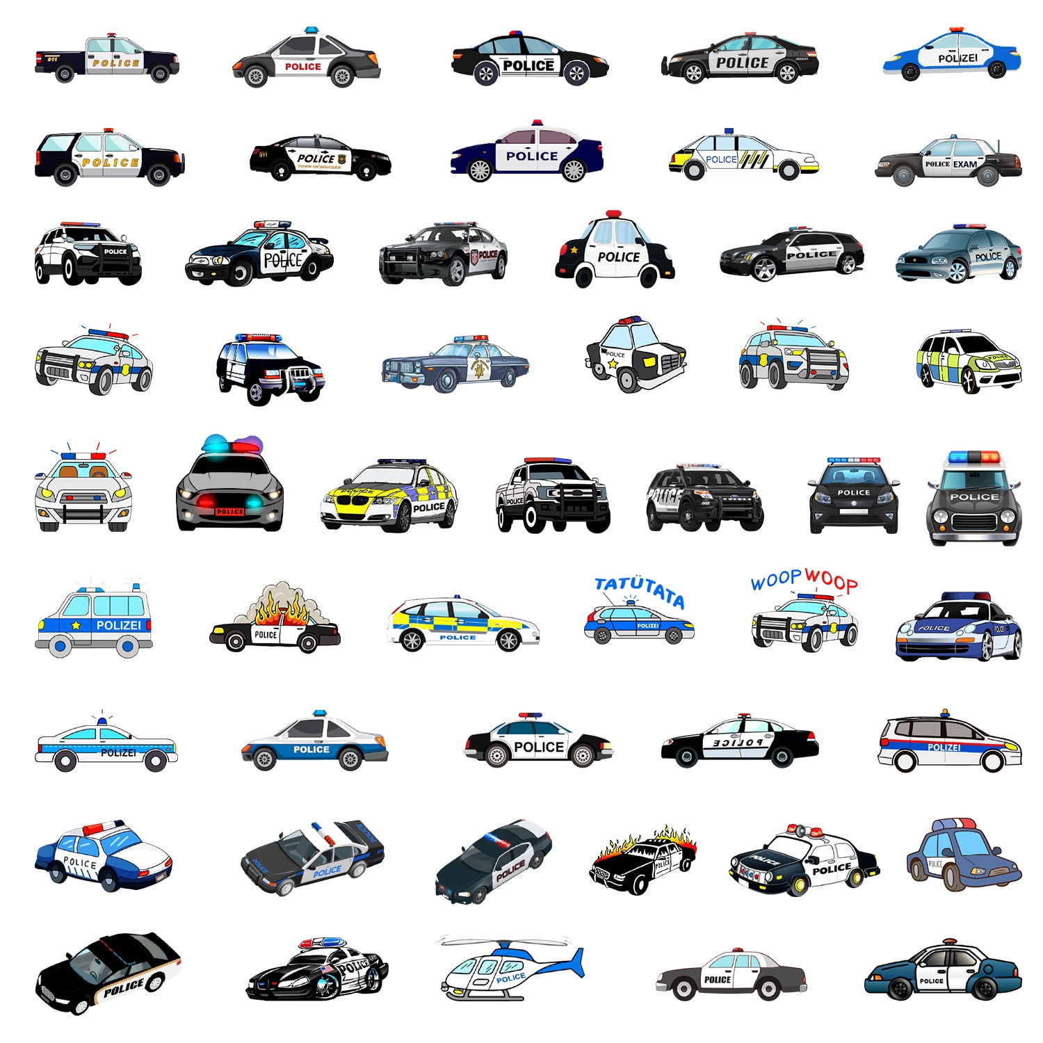 50-Pack Kids' Cartoon Police Car Stickers - Waterproof Decorative Stickers for Phones, Water Bottles, Laptops, and Journals