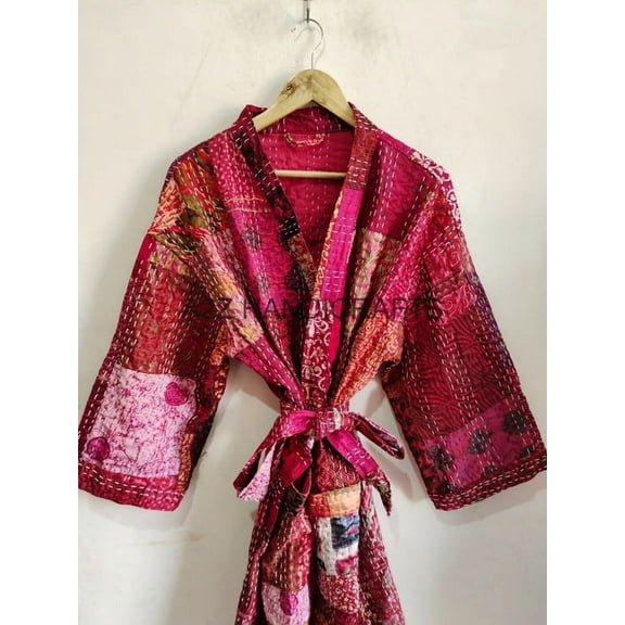 Vintage Silk Patchwork Kantha Kimono Robe Women Gown Beach Wear Bathrobe Maxi