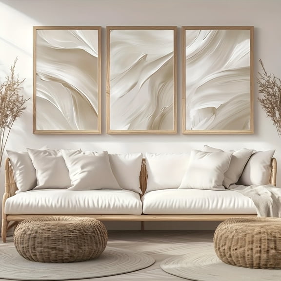 Beige Abstract Posters Print Set of 3, White Brush Strokes Wall arts Neutral Soft Tones Minimalist Bedroom Living Room Wall Art Decor, Modern Neutral Beige 2D Abstract Ornate Wall Decor for Living R