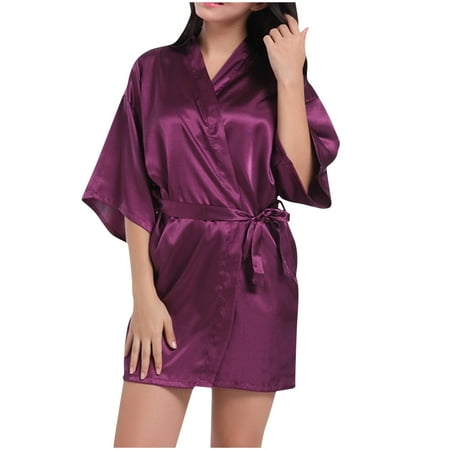 VONCOS Women s Satin Robe Sleepwear- Sling Bathrobe Valentines Lingerie for Women Summer Sexy Short Robes Purple Size S