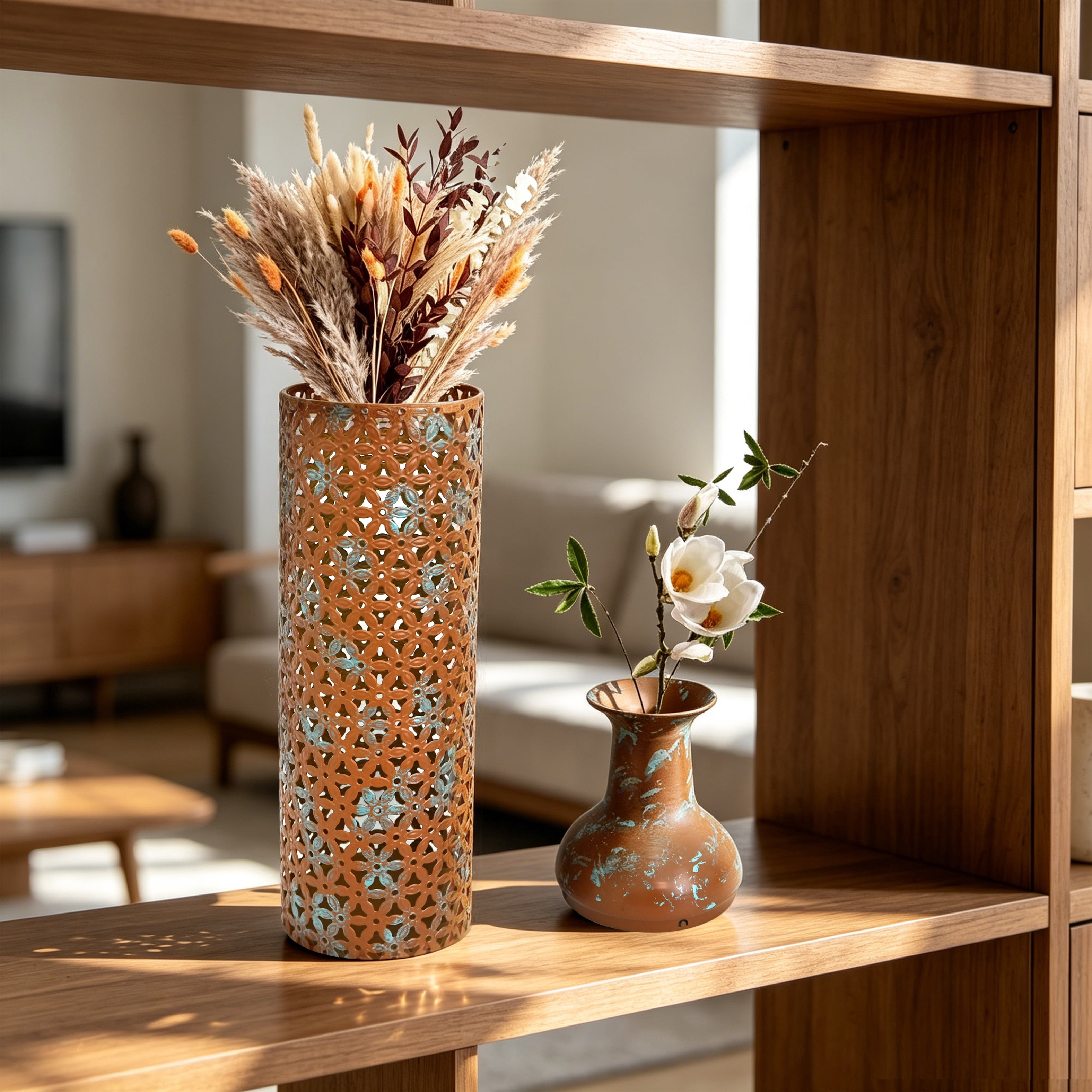 Metal Floor Vases Set of 3 with Leaf Pattern, Tall Decorative Vases and Home Decor Accents for Living Room Entryway, Rustic Brown