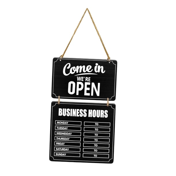 Letrero de horario comercial, pizarra colgante, modificable con pegatinas, abatible para abrir o cerrar. negro