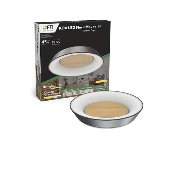 ETI 14” KOA LED Flush Mount with Tapered Design, 1400 Lumens, 5CCT Color Preference, Dimmable, 120-Volt, C01177301A