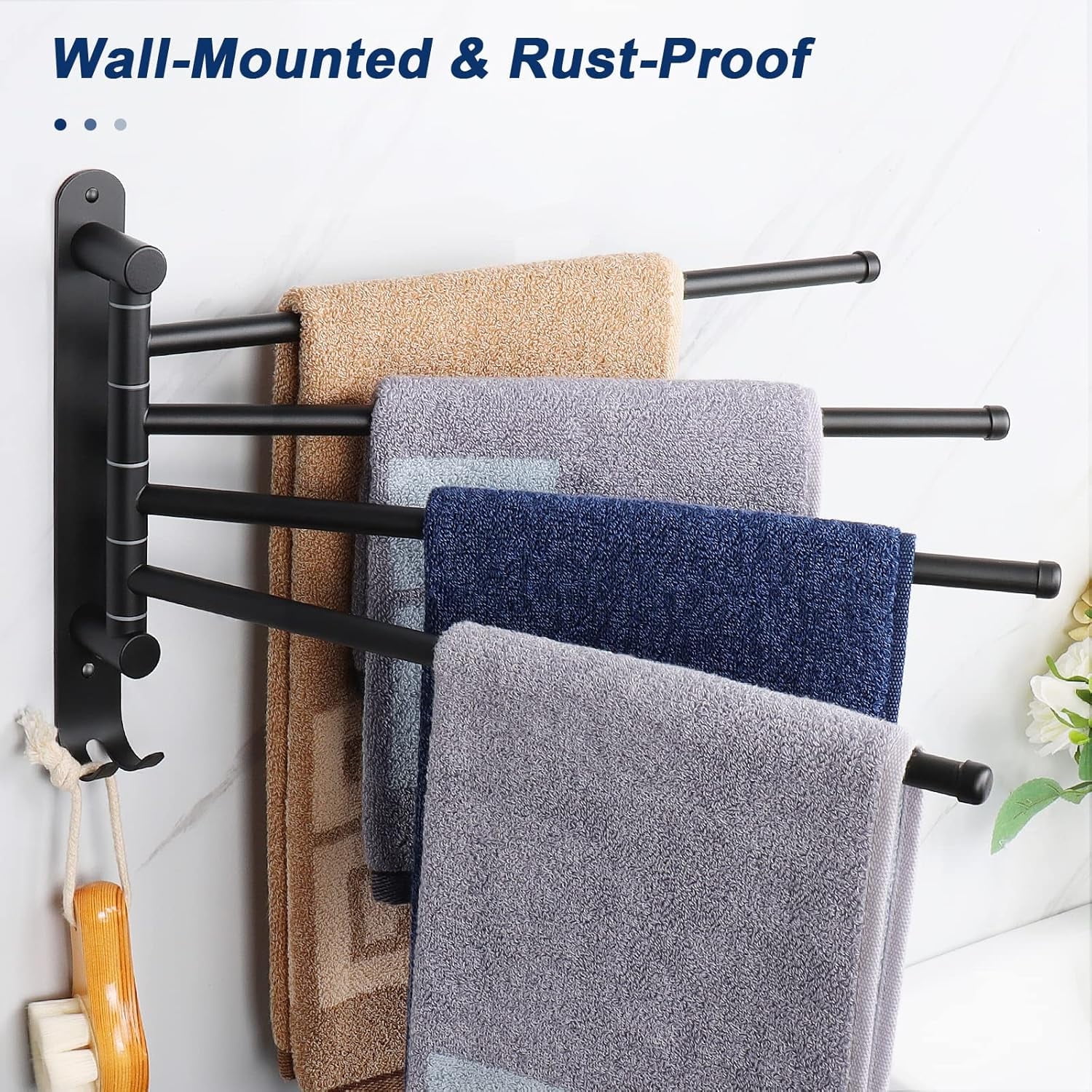 Genreen Swivel Towel Rack for Bathroom - 14.7'' Rustproof Towel Holder, Sturdy Towel Bar Wall Mounted, Space-Saving Towel Hanger, Bathroom Accessories, Home Decor, Apparment Essentials,  (Matte Black
