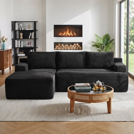 Vanress 96 Inch Modular Sectional Couches for Living Room, Modern Boneless Sofa, Upholstered Deep Seat Cloud Couch, Corduroy Comfy L-Shape Sofas Couches, No Assembly, Black (Left Facing Chaise)
