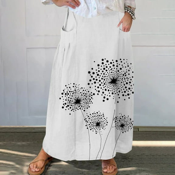 Maxi Dresses Viikei High-waisted Midi Skirt for Women,Women's Printed Elastic Waistband Pleated Pocket Skirt With Mid Calf Skirt White S
