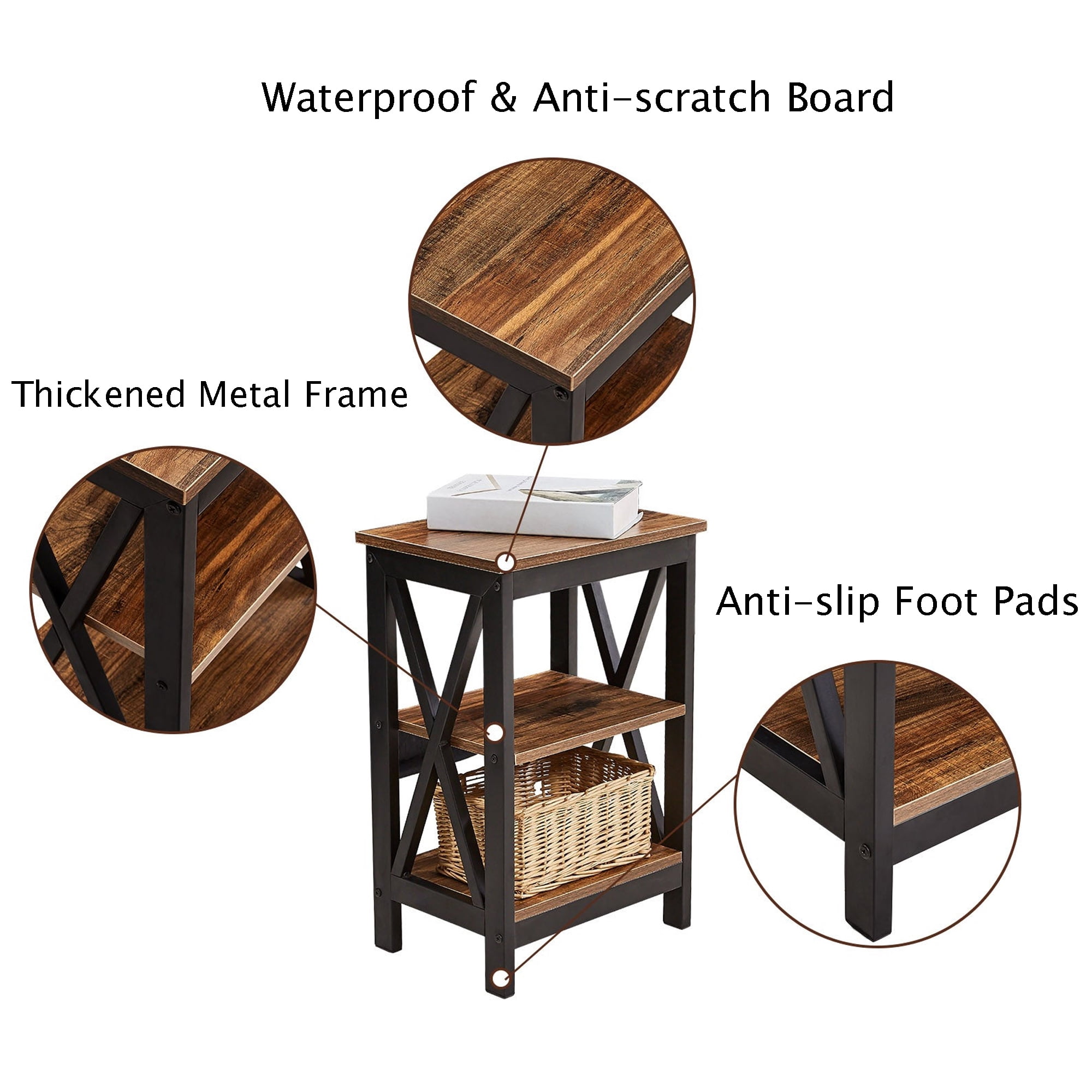 VECELO Set of 2 Nightstand with 3-Tier Shelves, X-Shaped Sofa Side End Table for Bedroom/Living Room/Office, Brown