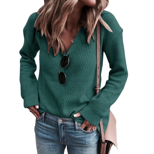 Suéter verde de manga larga con escote en V y hombros caídos para mujer: estilo casual de color puro, XXL