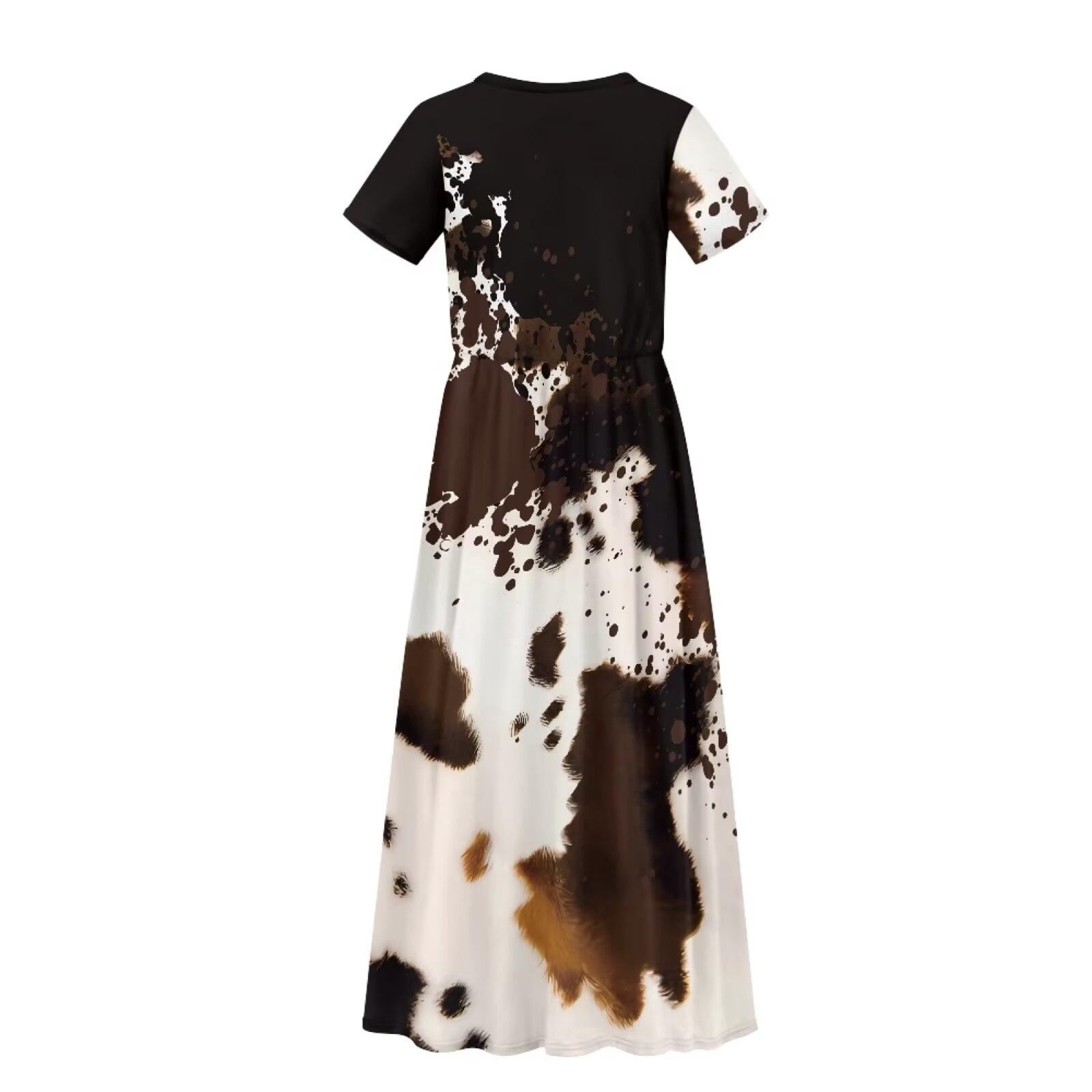 Uourmeti Girl's Dress Brown Cowhide Print Crew Neck Short Sleeve Maxi Long Dress with Pockets Cute Flowy Holiday Outfits, Size 7-8 Years