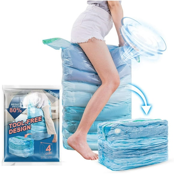 mueisuert Vacuum Storage Space Saver Bags Cube 4 Jumbo Pack, Vacuum Seal Bags for Clothes, Beddings, Comforters, Quilts, Pillows, Plush Toys, Compress By Sitting, Free up 80% Space