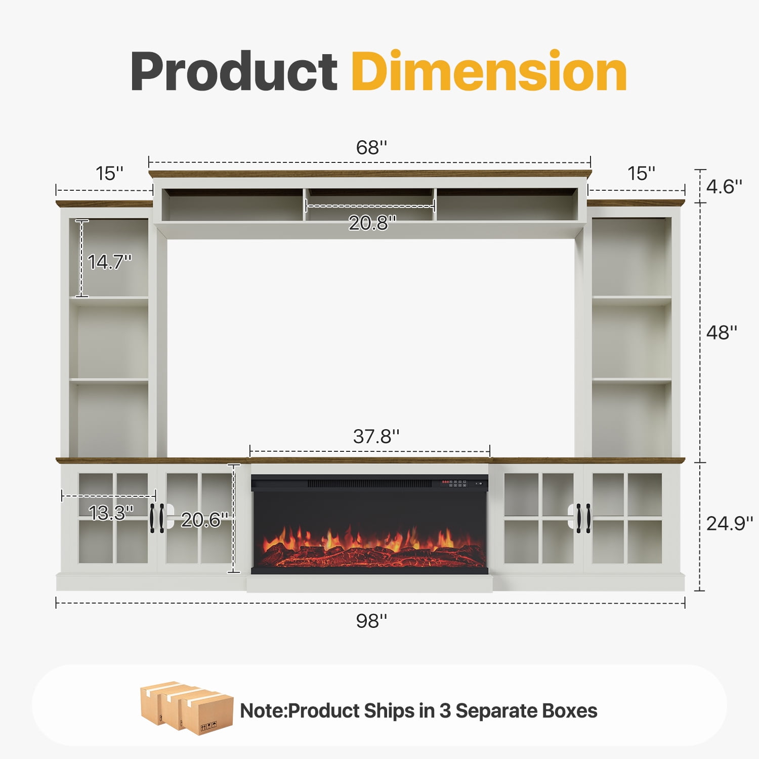 Sonegra 98" Farmhouse Entertainment Center with 36" Fireplace, TV Stand, Bookshelf, Cabinet, Fits TVs up to 75", Media Console with Power Outlets and Barn Doors for Living Room, White