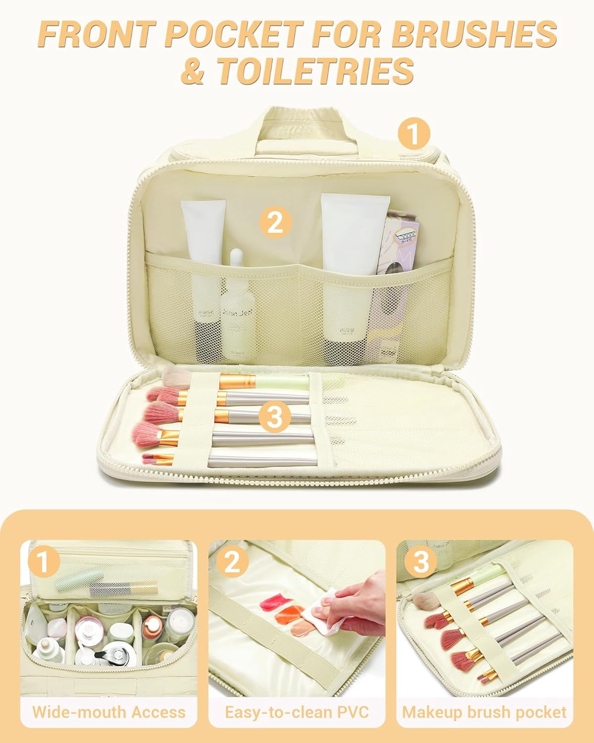 Travel Toiletry Bag, Puffy Wide-open Quilted Makeup Bag for Women,Lightweight Cosmetic Travel Bag Organizer with Handle for Traveling, Accessories, Essentials Toiletries Beige