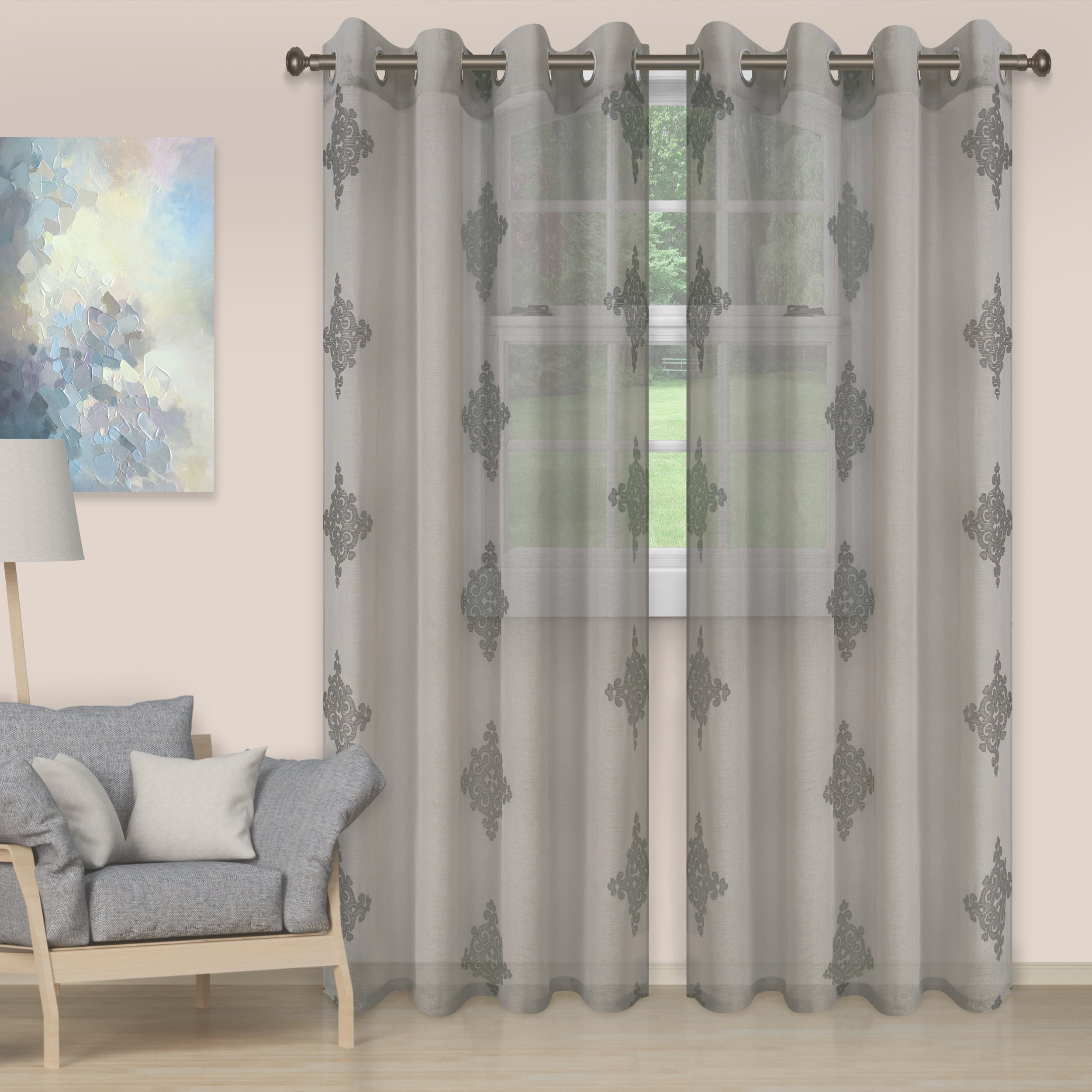 Impressions Sia Damask Sheer Curtain Panel Set with Grommet Header