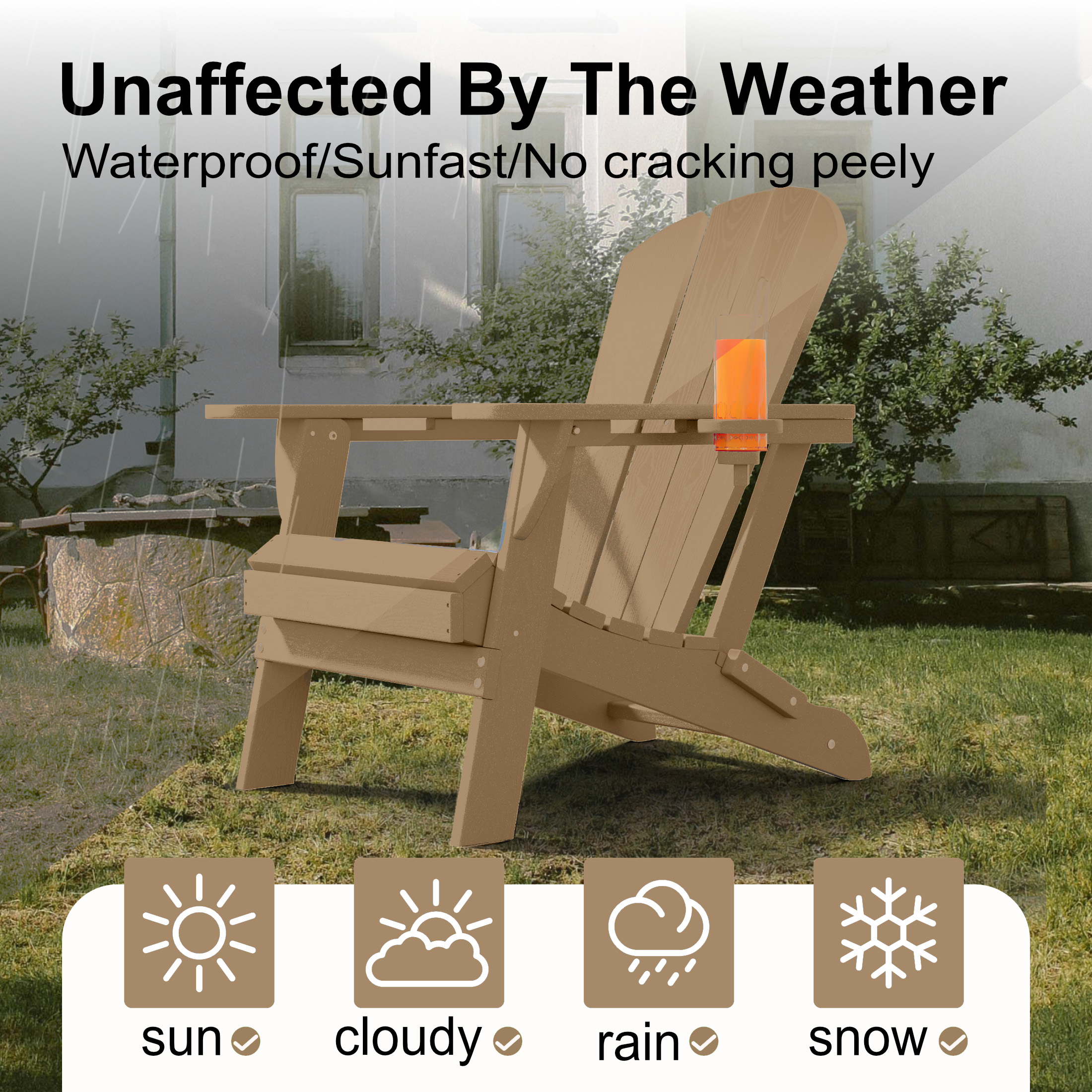 Adirondack Chair,HDPE All-Weather Patio Chairs Outdoor with Cup Holder, Lawn Chair with Weather Resistant for Outside Deck Lawn Garden, Weight Capacity Up to 380 Lbs –Brown