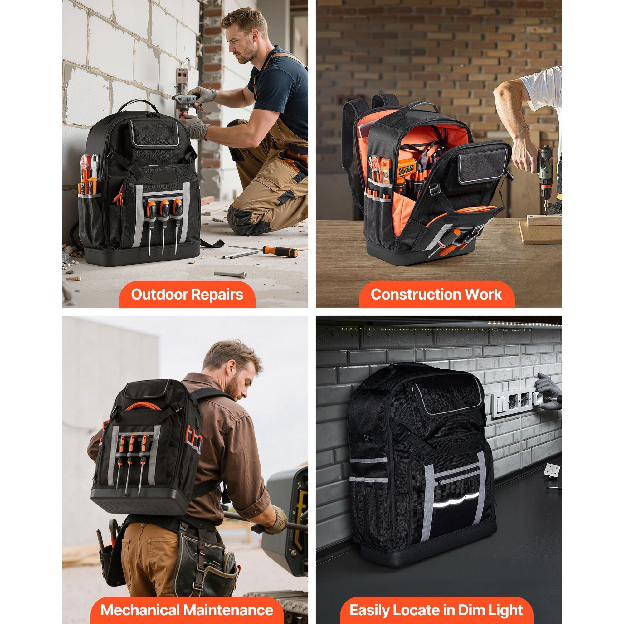 Tool Backpack 56 Pockets, 100 lbs Capacity, Ballistic Nylon, Combination Lock, Charging Port, for Electrician Plumber HVAC