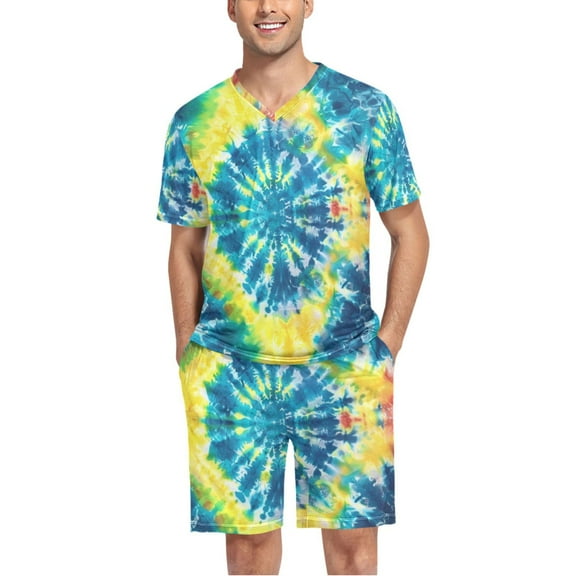 joogoo Men's Pajama Set Blue Tie-dye V-Neck Pj Shorts Set 2 Piece Loungewear Sleepwear L