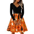 thumbnail image 6 of Women's Halloween Dress Pumpkin Printed V-Neck Cute Tea Length Dress Candy 1950s Long Sleeve Horror Dresses with Belt L, 6 of 7