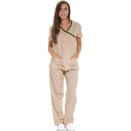 

Just Love Women s Scrub Sets - Comfortable Medical & Nursing Scrubs (Khaki with Black Trim Extra Small)