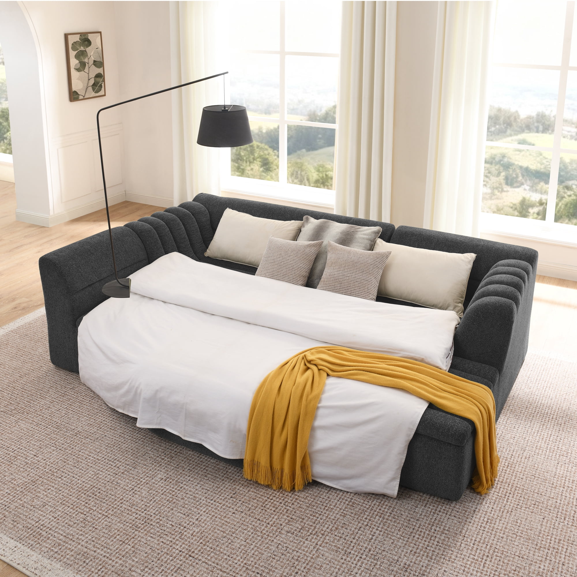 avobird 135" U-Shaped Modular Sectional Sofa with Chaise and Movable Ottoman for Living Room, Chenille Upholstered Boneless Couches with Wave-Shaped Armrest, Black
