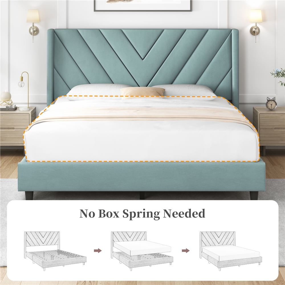 Yaheetech Upholstered Platform Bed with Wooden Slat Support and Tufted Headboard, Queen, Blue Lake