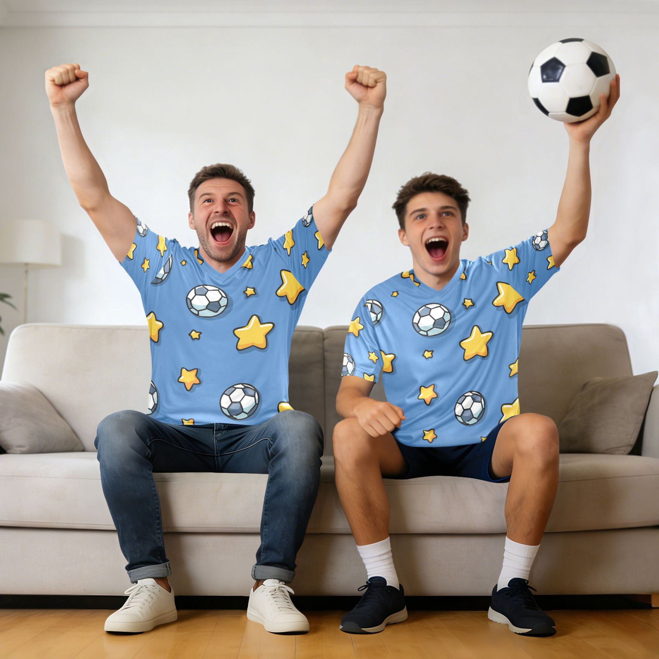 Footballs and Yellow Stars Cartoon Men's Sports Jerseys Athletic T-Shirt Football Referee Short Sleeves Shirt L