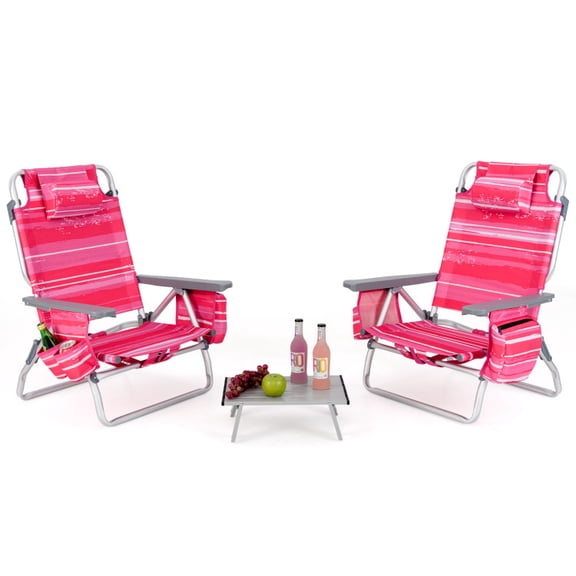 Canddidliike 2 Packs 5-Position Outdoor Folding Backpack Beach Table Chair Reclining Chair Set, Outdoor Seating & Patio Chair, Lawn Chair for Outdoor, Hot Pink