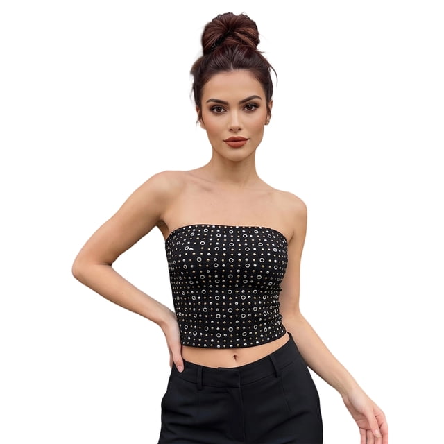 Argulvti Women's Studded Tube Tops Summer Strapless Solid Color Bandeau Tops Slim Fit Shirts