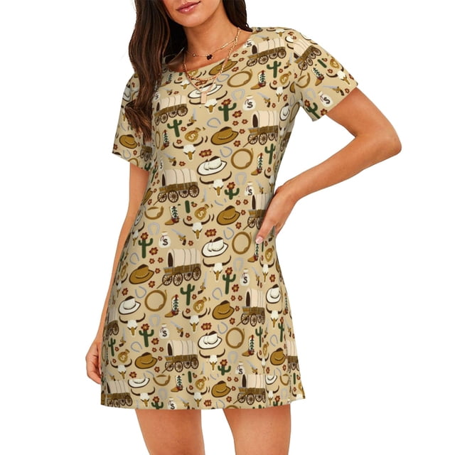 Fotbe Wild West Cowboy Bata de Dormir para Mujer con Estampado, Camisón de Algodón de Manga Corta, Ropa de Dormir Casual