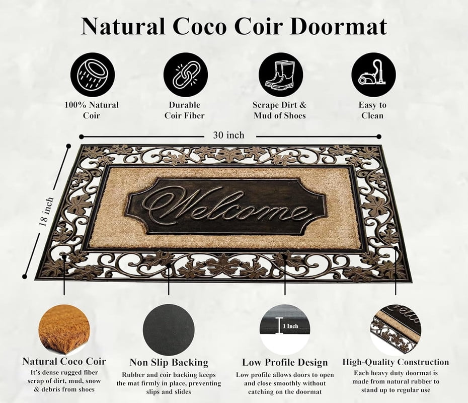 A1HC First Impression Rubber and Coir Large Floral Welcome Door Mat, 18" X 30", Dirt Trapper Thick Durable Heavy Duty Doormat