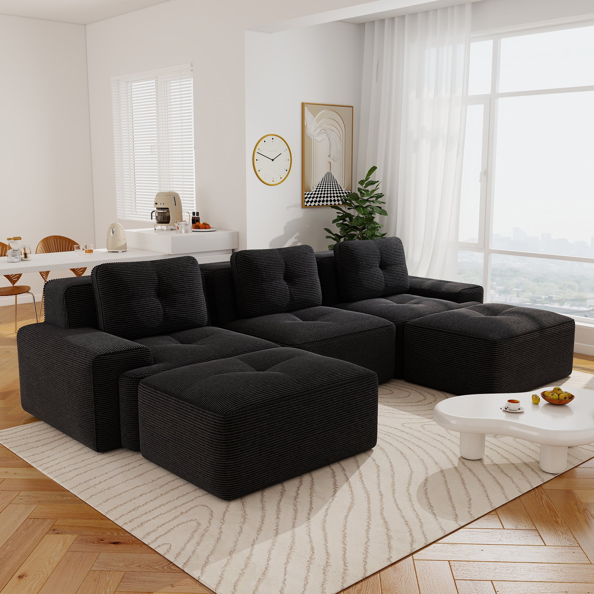 Aukfa 5-Piece Tufted Modular Corduroy Sectional Sofa with 2 Ottomans for Living Room, 29.5" Deep Seat, Black