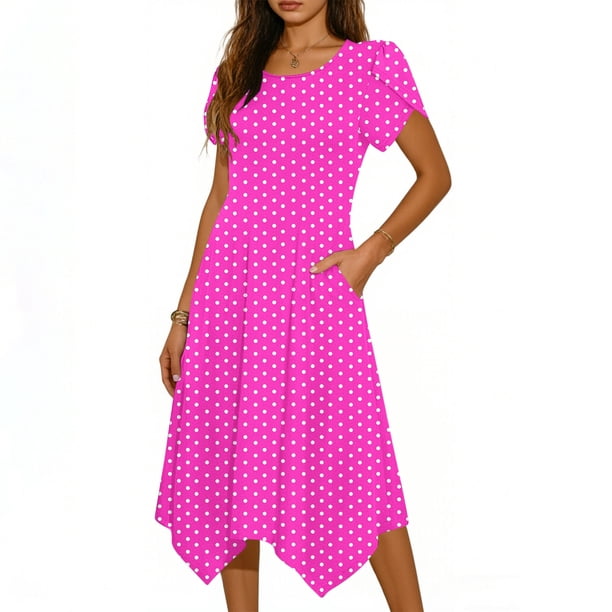 Mujeres Manga Corta Tops Casual Cuello Redondo Vestido de Impresión Irregularmente Falda Vestido de Manga Corta para Mujeres
