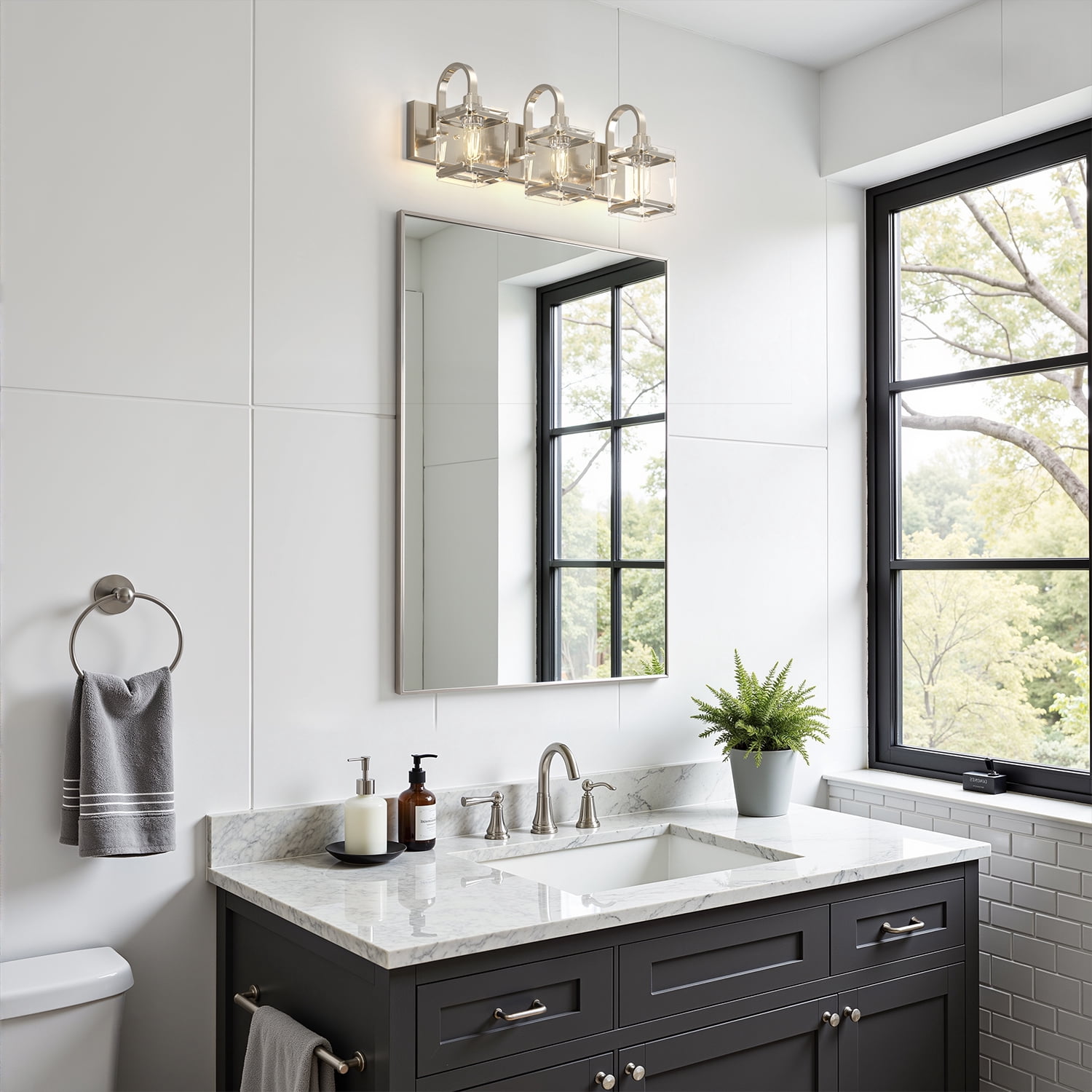 YANSUN 23.5 in 3-Light Brushed Nickel Modern Bathroom Vanity Light with Square Glass Shades for Bathroom Hallway (Bulbs Not Included)