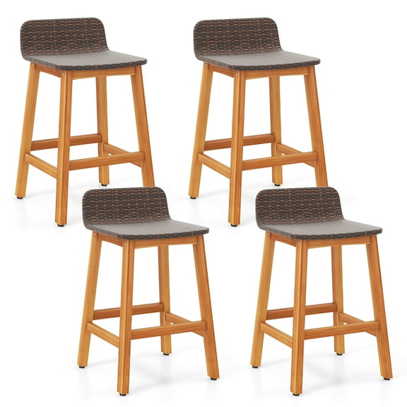 Gymax Solid Acacia Wood Bar Stools Set of 4 Rattan Bar Height Patio Chairs for Porch