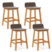 Gymax Solid Acacia Wood Bar Stools Set of 4 Rattan Bar Height Patio Chairs for Porch