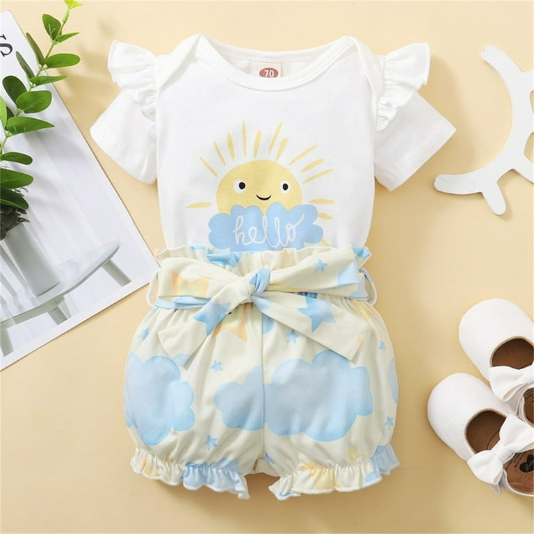 Baby Clothes Set Gilrs Cloud Letters Prints Short Sleeves Top Shorts Pants 2pcs Toddler Outfits