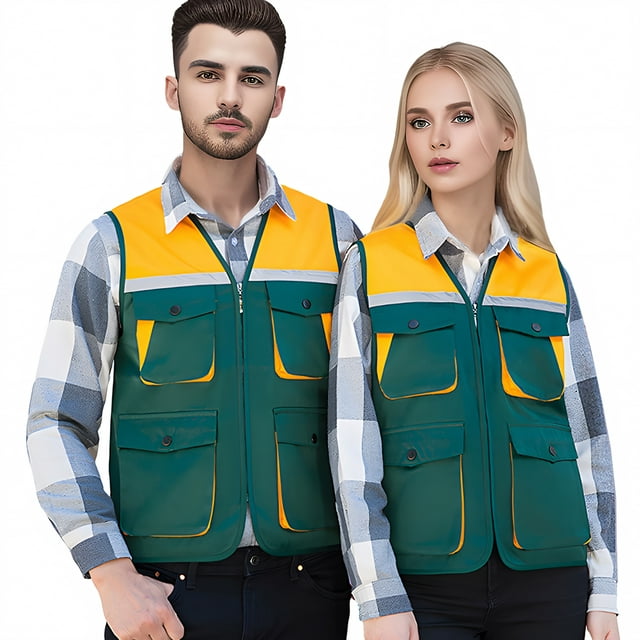 TOPTIE Reflective Working Vest with 4 Pockets Color Block Zipper Front High Visibility with Reflective Strips-Green-XL