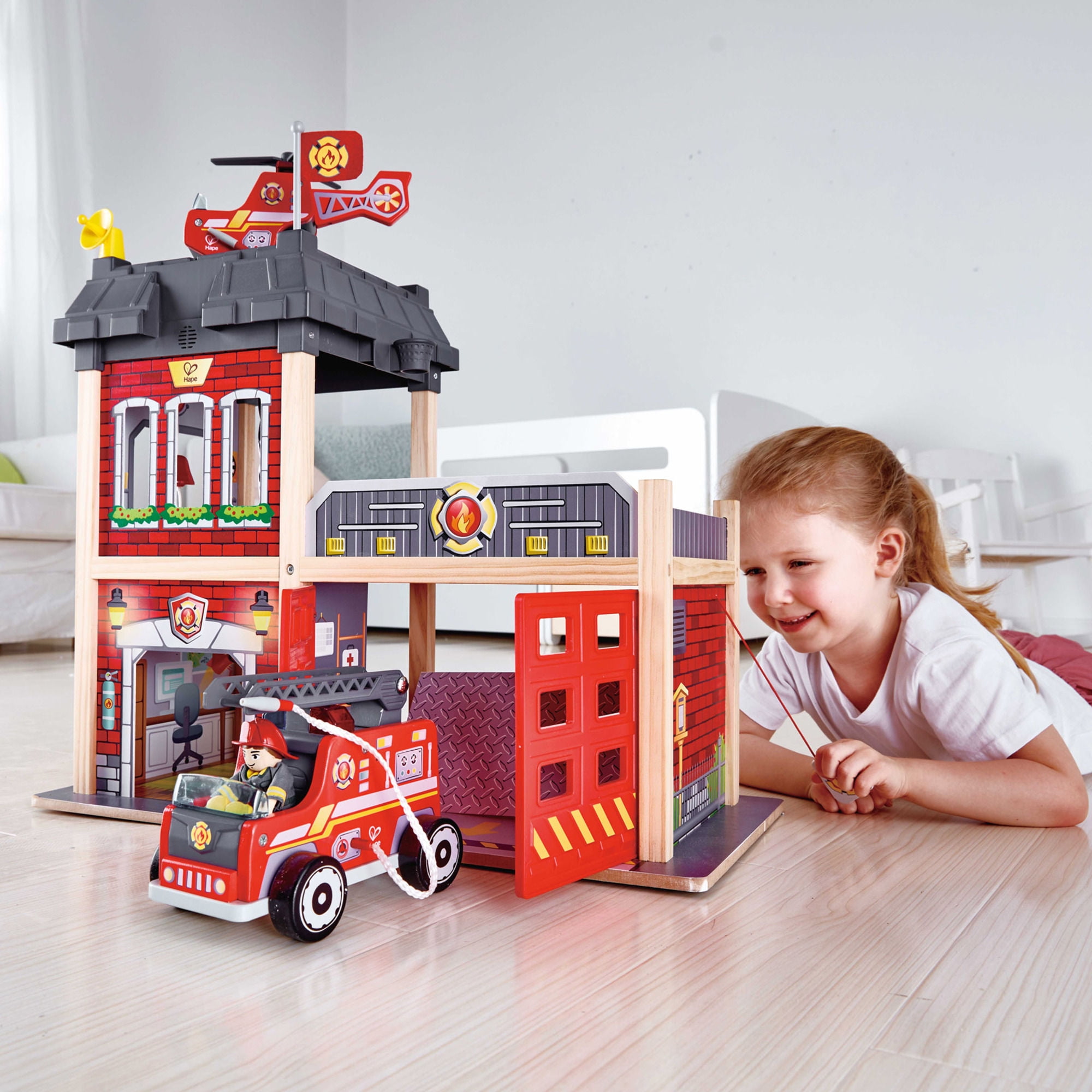 Sustainable Wood Toy Hape Large Fire Station Playset With Battery-Powered  Alarms, Fire Fighter, Rescue Dog And Helicopter. 3 years +