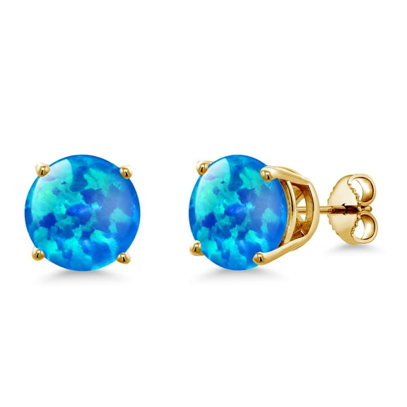 Gem Stone King 1.88 Ct Round Cabochon 10mm Blue Simulated Opal 18K Yellow Gold Plated Silver Stud Earrings for Women Men