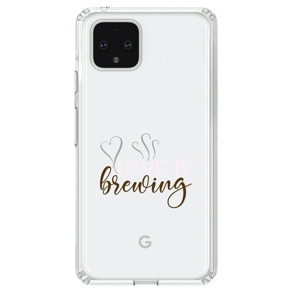 DistinctInk Clear Shockproof Hybrid Case for Google Pixel 4 (6.1" Screen) - TPU Bumper Acrylic Back Tempered Glass Screen Protector - Love is Brewing - Coffee