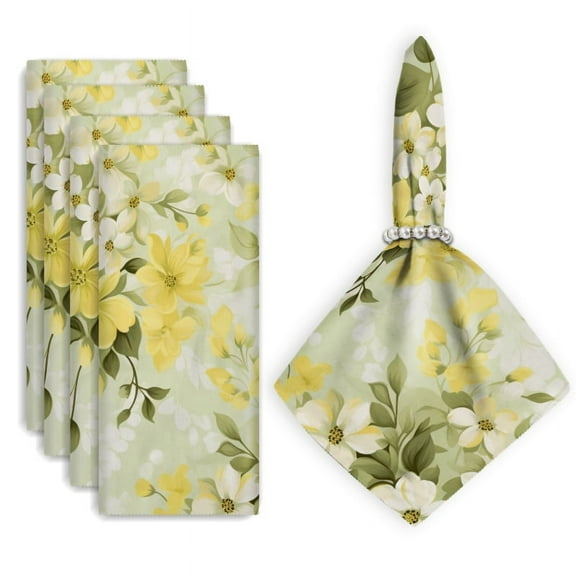 Bahomeck Napkins Set Of 4 Reusable Washable Square Fabric Dining Table Napkins Weddings Party Dinner Decor,18*18 Inch,Yellow And White Flowers On Light Green Background
