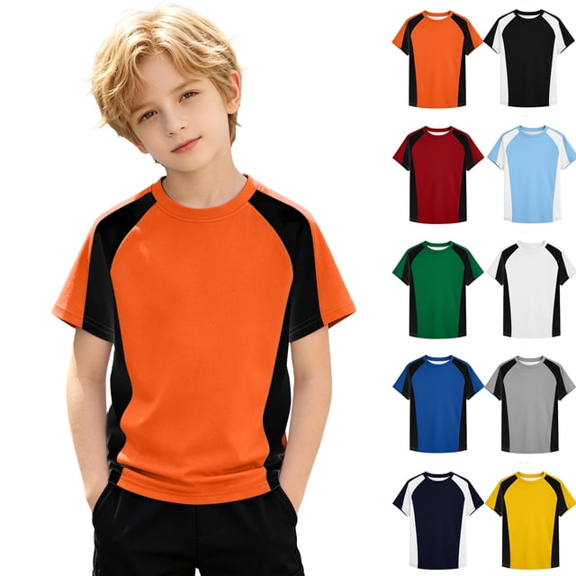 WENXIAOO T-Shirts à Manches Courtes pour Garçons, T-Shirts d'Été pour Enfants à Col Rond, T-Shirts Basiques, Hauts Décontractés, T-Shirts à Blocs de Couleur Tendance