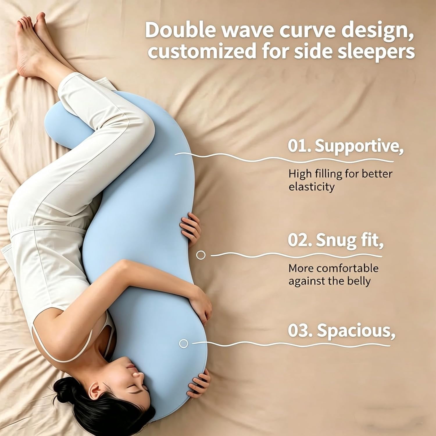Body Pillow for Side Sleeper, Cooling Ergonomic Full Body Pillow with Double Curve Design for Hip, Knee, Leg & Back Support - Soft Breathabl
