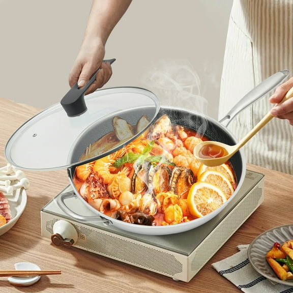 No-Stick Wok 13.4in with Lid Tri-Ply Stainless Steel Wok with Extended Handle & Side Ear Dishwasher Safe Induction Ready for Gas Stoves Induction Cookers Ceramic Stoves