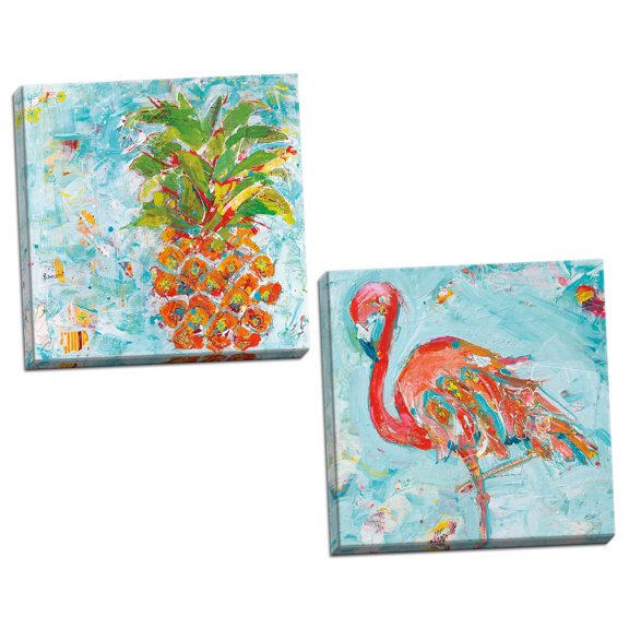 Gango Home Decor Contemporary Flamingo Bright & Pineapple Bright by Kellie Day (Ready to Hang); Two 16x16in Hand-Stretched Canvases