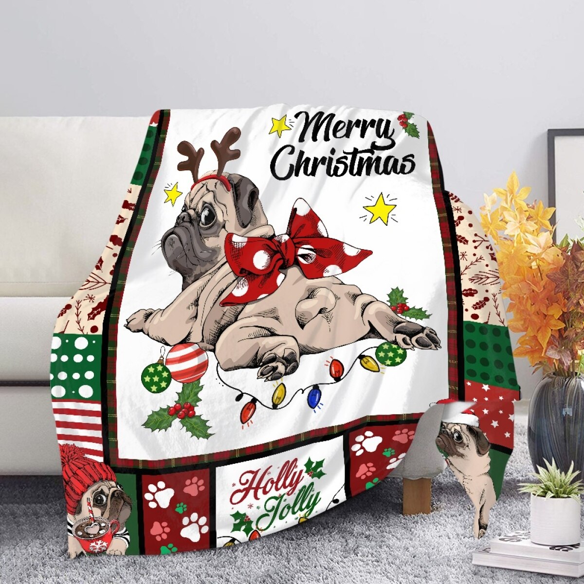 Merry Christmas Dog Blanket Christmas Hat Bow Throw Blanket Plush Warm Soft Office Quilt Bedroom