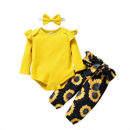 

Carolilly Children s Three Piece Set Toddler s Solid Fly Sleeve Romper Kid s Pants Butterfly Sunflower Printed Bow Hairband