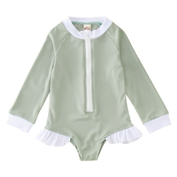 Mercatoo Baby Girl Swimsuit One-𝐏iece Long Sleeve Rash Guard Set Ribbed Zipper Bathing Suit Girls Ruffle Beach Wear